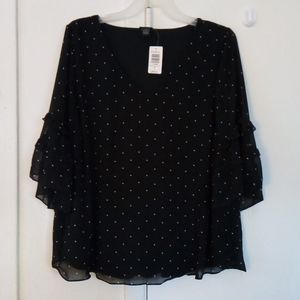 Black Peasant Blouse White Polka Dots